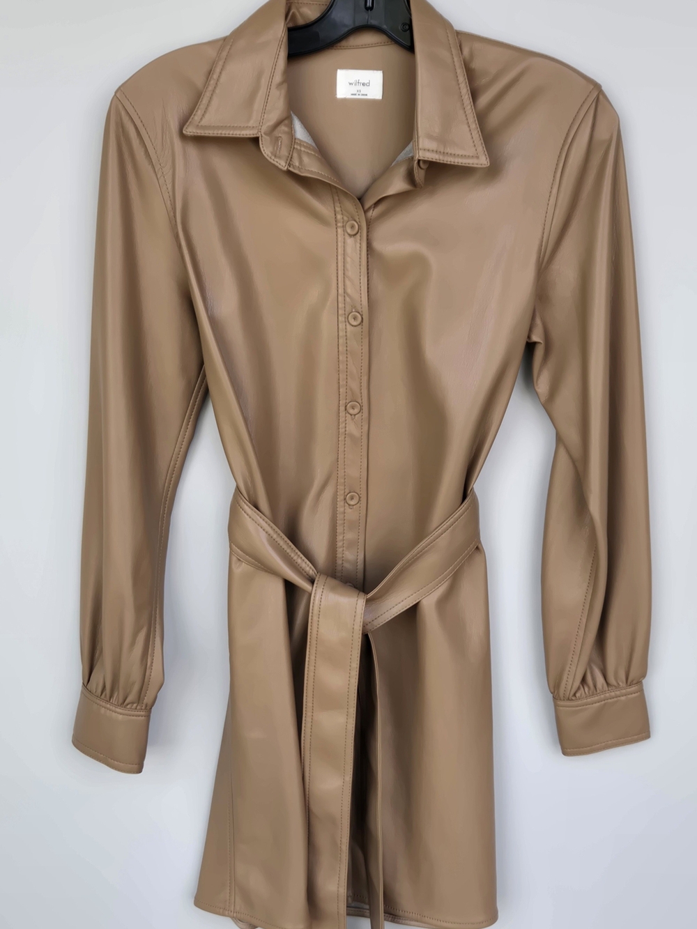 Wilfred Camel Faux Leather Belted Shirt Dress - Size XS